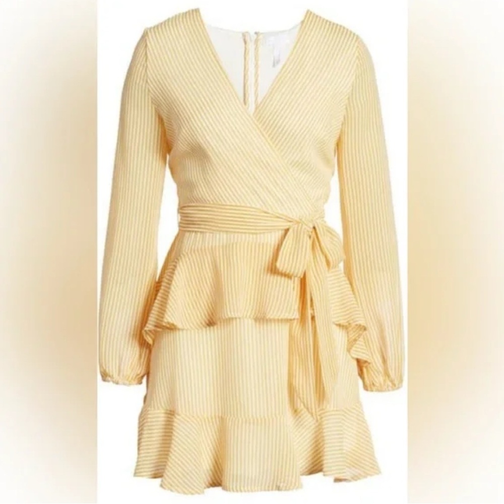 Leith Nordstrom Wrap Front Long Sleeve Mini Dress in Yellow and White Stripes